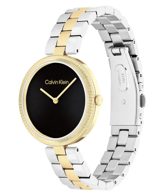 Calvin Klein 25100012 Quartz Analog Women’s Watch with Black Dial, Two-Tone Stainless Steel Bracelet
