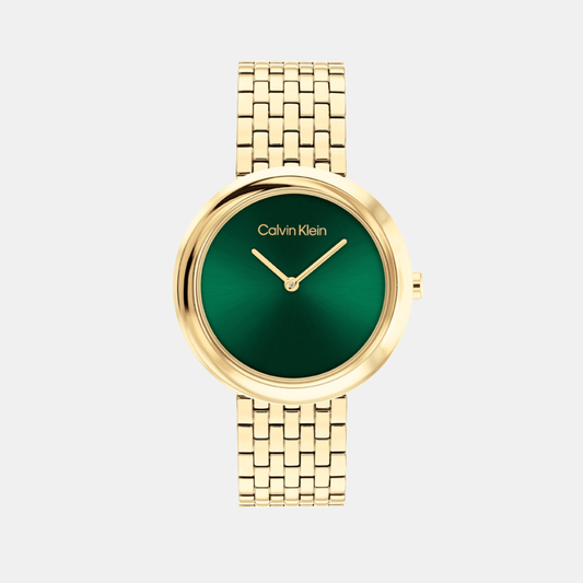 Calvin Klein 25100066 Twisted Bezel Quartz Analog Women’s Watch with Green Dial, Gold Stainless Steel Bracelet