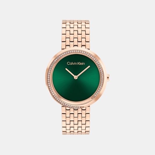 Calvin Klein 25100068 Twisted Bezel Women’s Quartz Analog Watch with Green Dial, Rose Gold Stainless Steel Strap