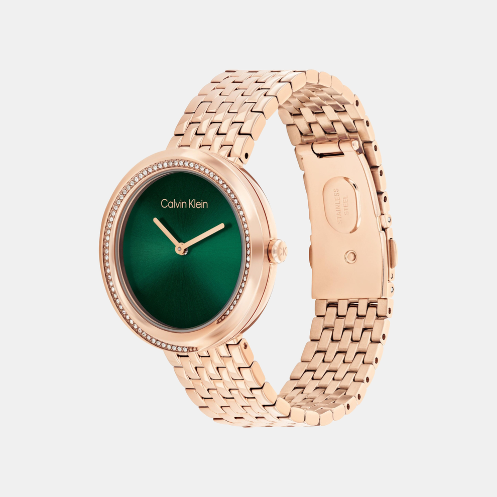 Calvin Klein 25100068 Twisted Bezel Women’s Quartz Analog Watch with Green Dial, Rose Gold Stainless Steel Strap