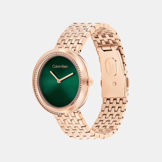 Calvin Klein 25100068 Twisted Bezel Women’s Quartz Analog Watch with Green Dial, Rose Gold Stainless Steel Strap