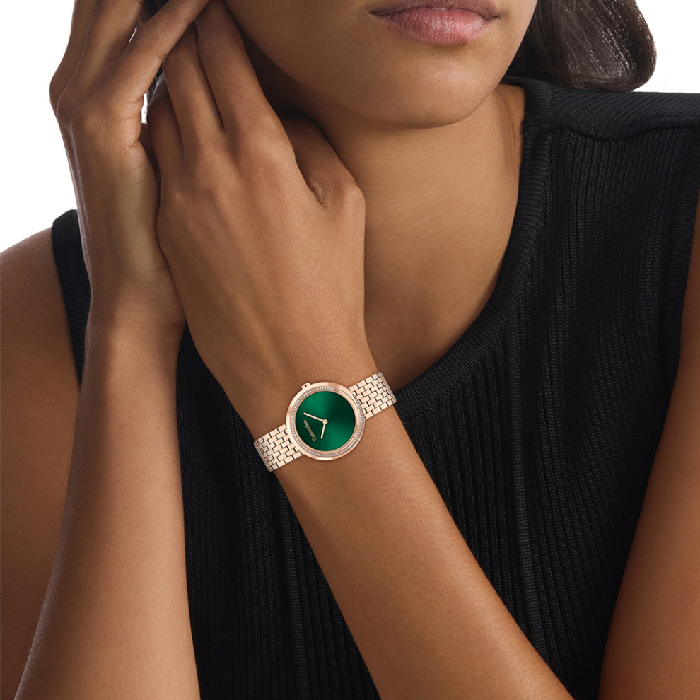 Calvin Klein 25100068 Twisted Bezel Women’s Quartz Analog Watch with Green Dial, Rose Gold Stainless Steel Strap