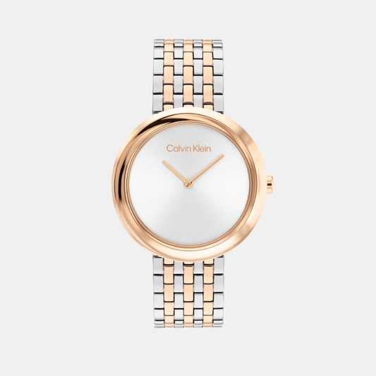 Calvin Klein 25100070 Twisted Bezel Women’s Quartz Analog Watch with White Dial, Silver Stainless Steel Strap