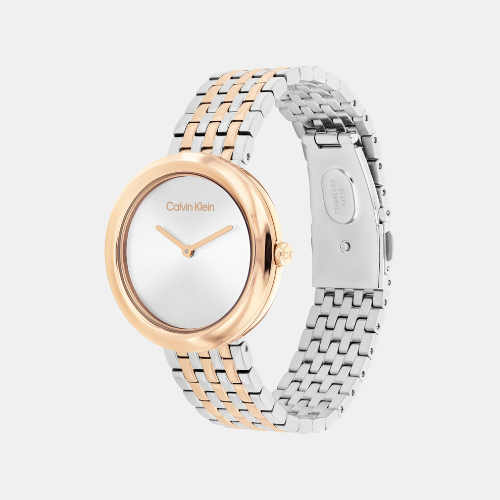 Calvin Klein 25100070 Twisted Bezel Women’s Quartz Analog Watch with White Dial, Silver Stainless Steel Strap