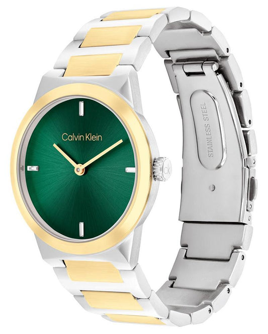 Calvin Klein 25100087 CK Linear Elegance Women’s Quartz Analog Watch with Green Dial, Silver Stainless Steel Strap