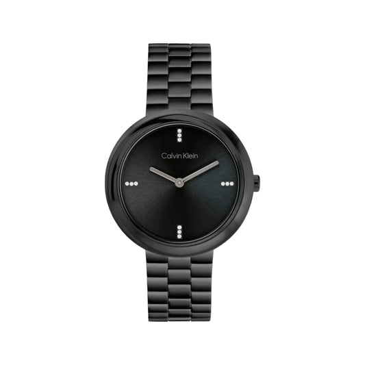 Calvin Klein 25100096 Twisted Bezel Embellished Quartz Women Watch Black Dial Stainless Steel