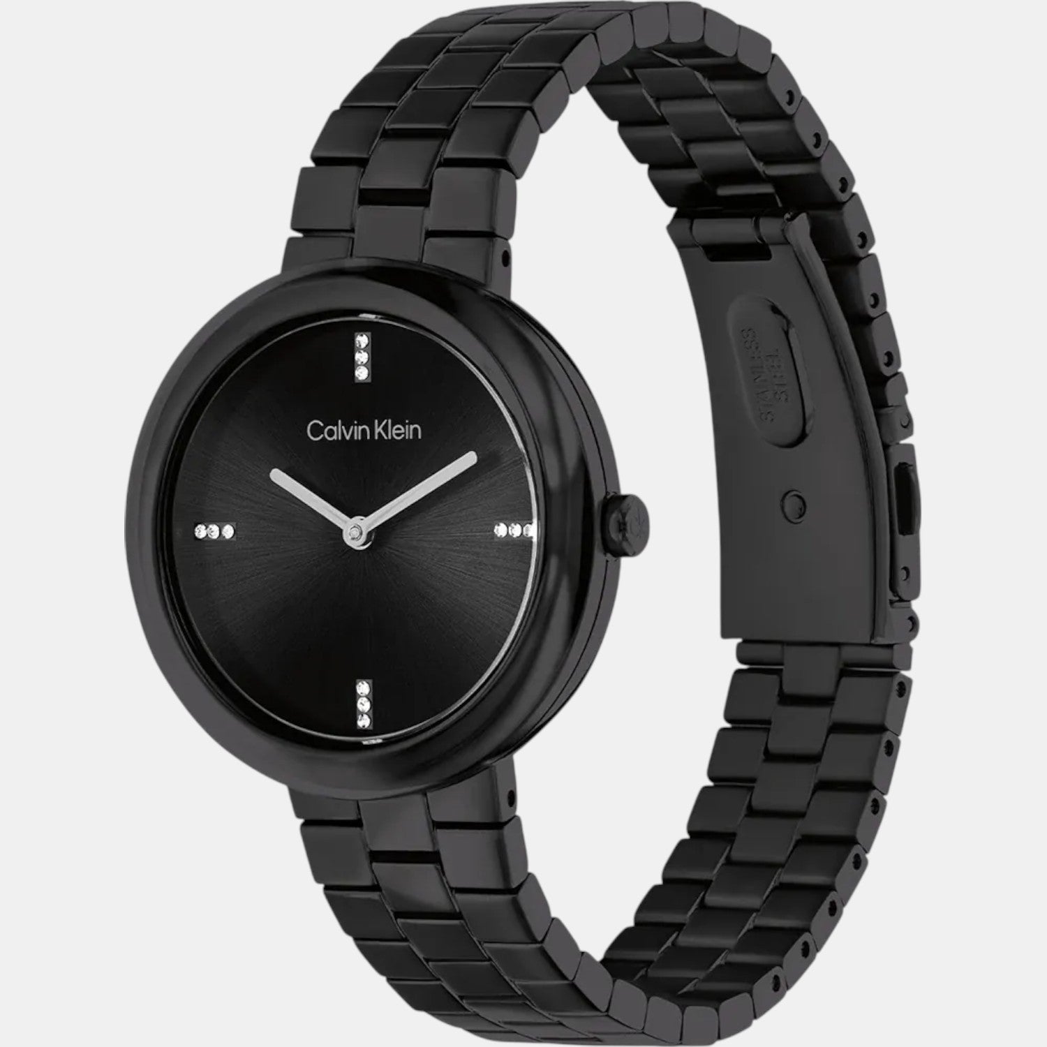 Calvin Klein 25100096 Twisted Bezel Embellished Quartz Women Watch Black Dial Stainless Steel