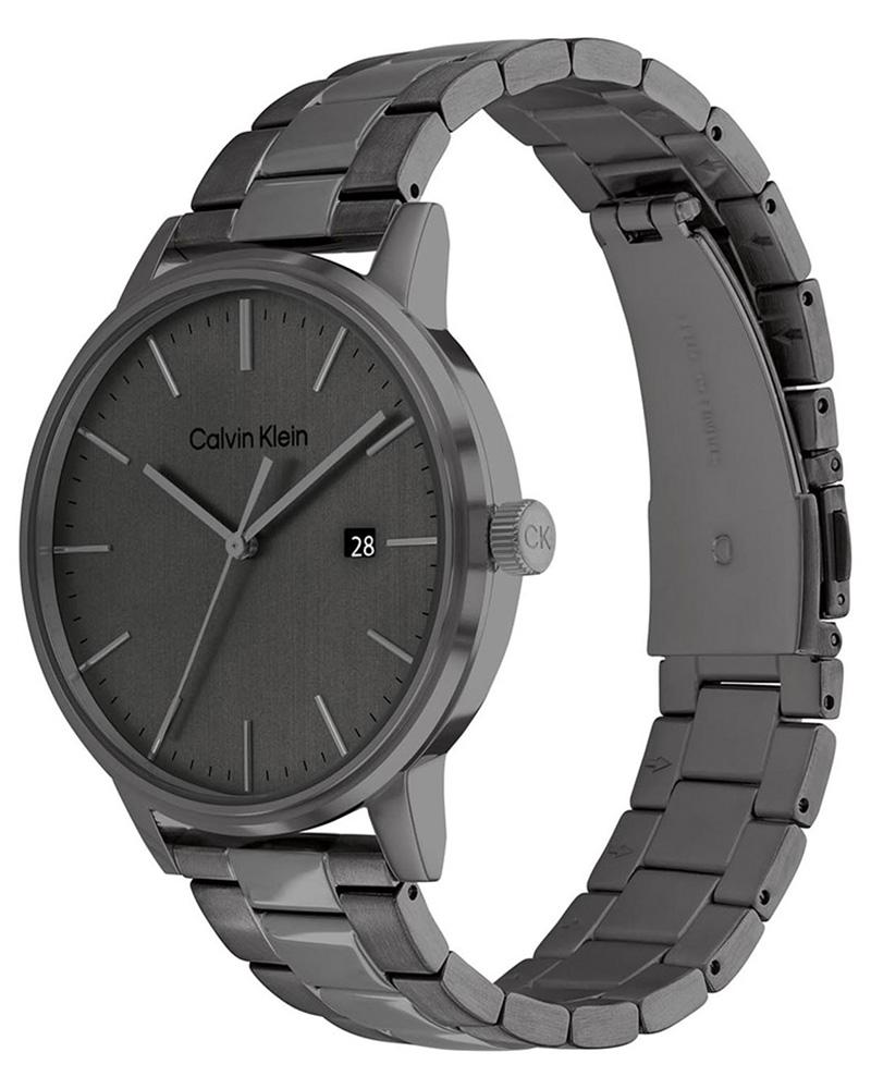 Calvin Klein watch with a dark gray face and band on a white background
