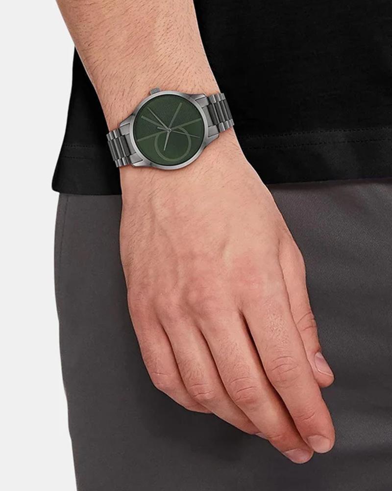Calvin Klein 25200164 Iconic Unisex Quartz Watch with Green Dial & Grey Stainless-Steel Strap