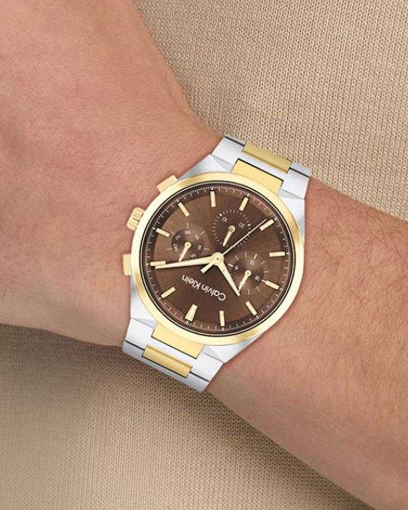 Calvin Klein 25200442 Men’s Quartz Analog Watch with Brown Dial, Gold Stainless Steel Strap