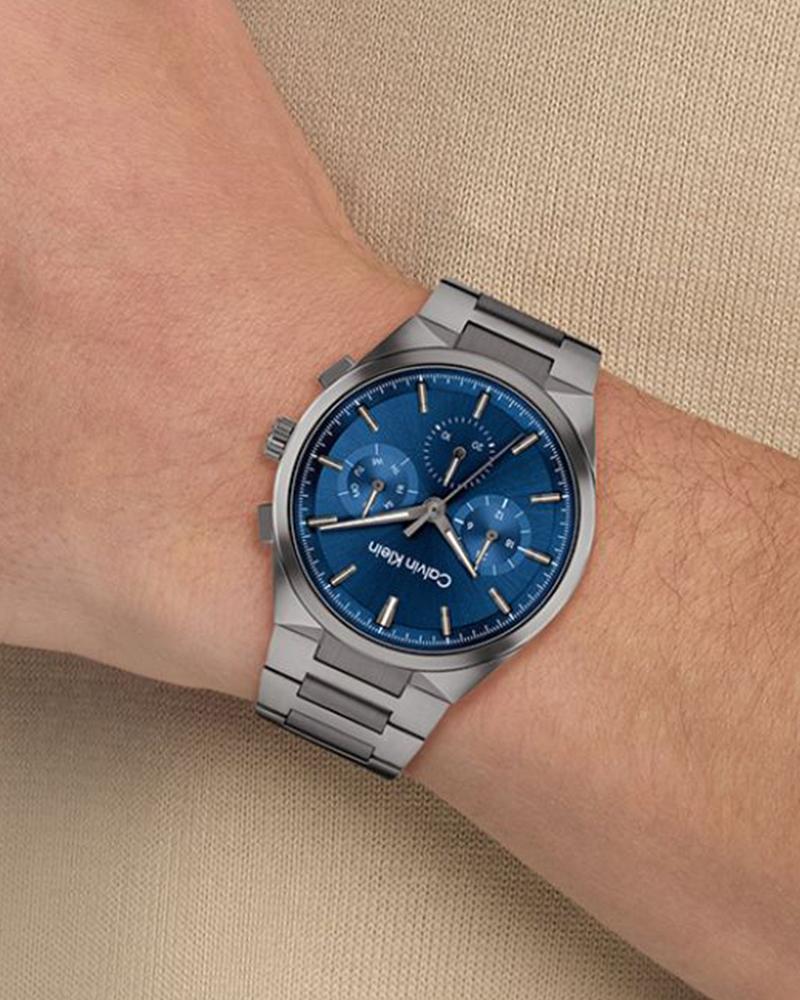 Calvin Klein 25200443 Men’s Quartz Chronograph Watch with Blue Dial, Grey Stainless Steel Strap