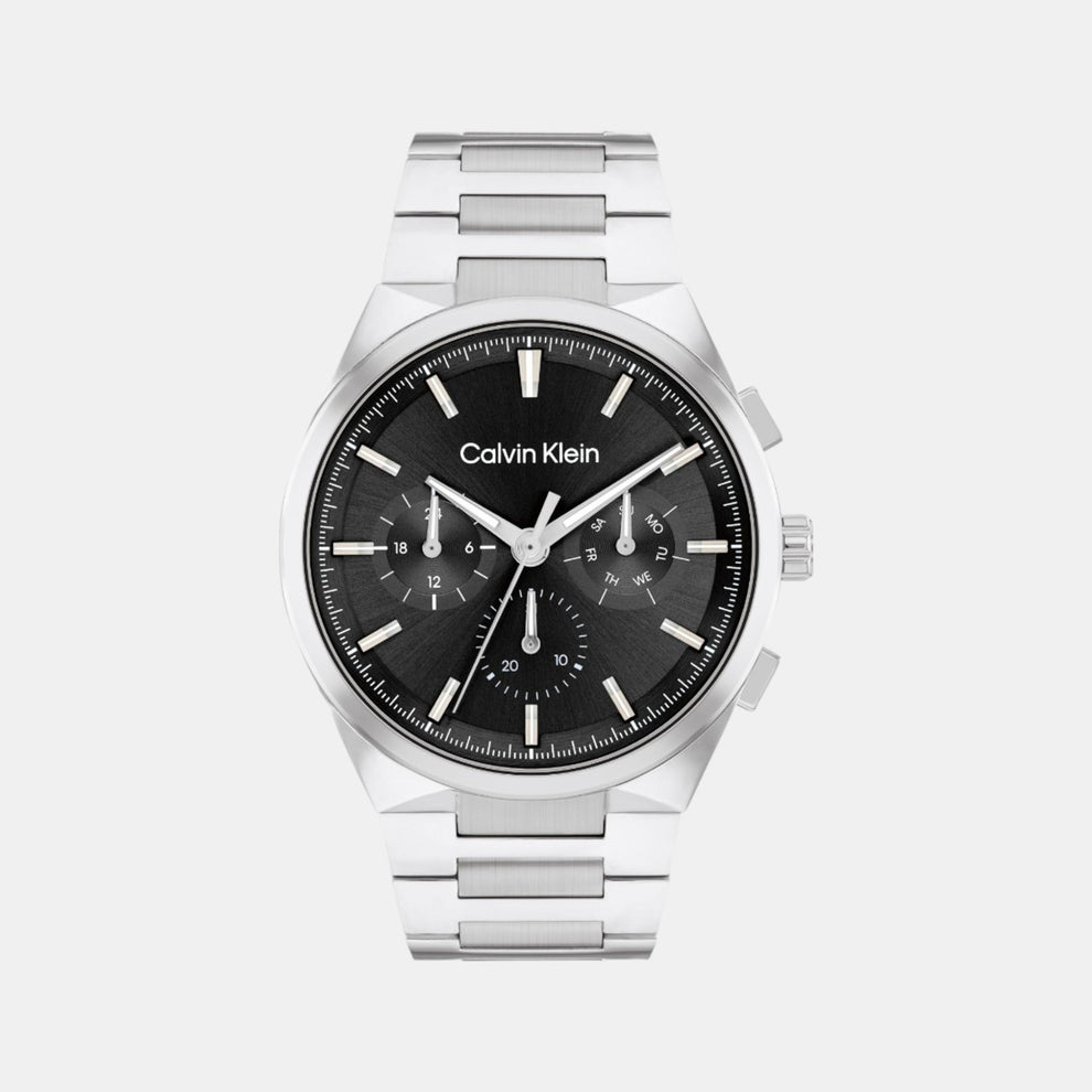 Calvin Klein 25200459 Men’s Quartz Chronograph Watch with Black Dial, Silver Stainless Steel Strap