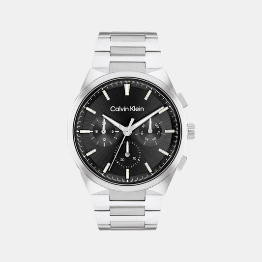 Calvin Klein 25200459 Men’s Quartz Chronograph Watch with Black Dial, Silver Stainless Steel Strap