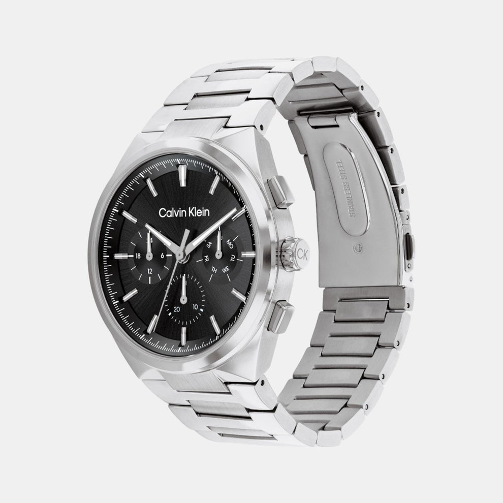 Calvin Klein 25200459 Men’s Quartz Chronograph Watch with Black Dial, Silver Stainless Steel Strap