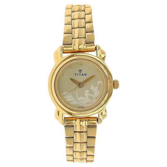 Titan 2534YM01 Champagne Dial Analog Watch for Women – Golden Stainless Steel Strap, Quartz Movement