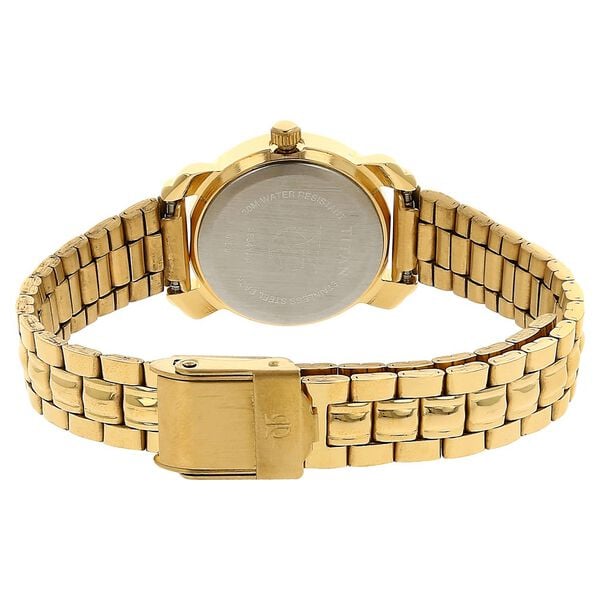 Titan 2534YM01 Champagne Dial Analog Watch for Women – Golden Stainless Steel Strap, Quartz Movement