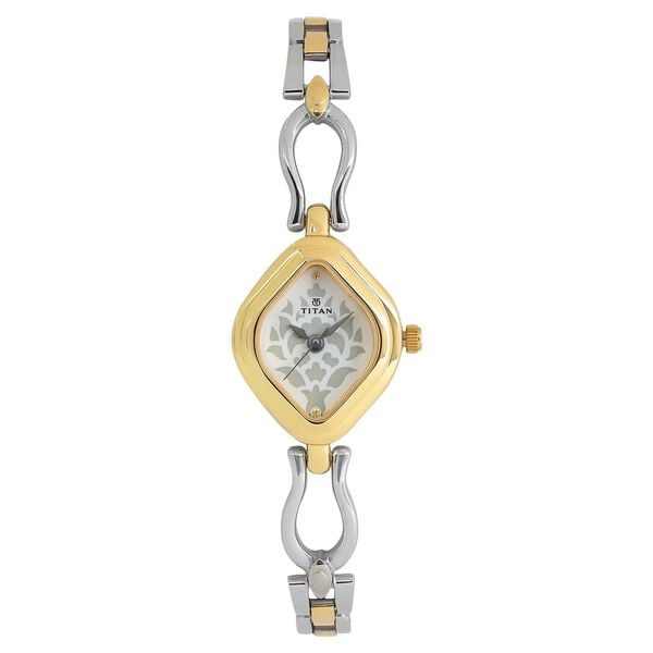 Titan 2536BM02 White Dial Analog Watch for Women – Two-Tone Stainless Steel Bracelet, Quartz Movement, Mineral Glass, Navette Metal Case