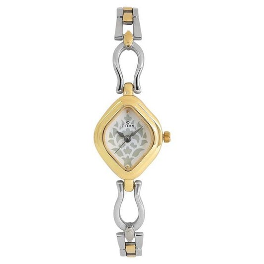 Titan 2536BM02 White Dial Analog Watch for Women – Two-Tone Stainless Steel Bracelet, Quartz Movement, Mineral Glass, Navette Metal Case