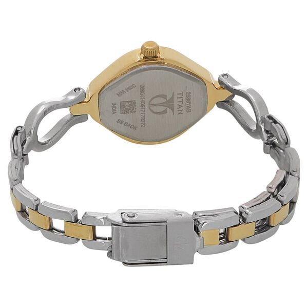 Titan 2536BM02 White Dial Analog Watch for Women – Two-Tone Stainless Steel Bracelet, Quartz Movement, Mineral Glass, Navette Metal Case