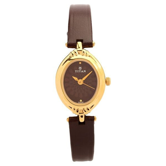 Elegant Titan women's brown dial watch with brown leather band