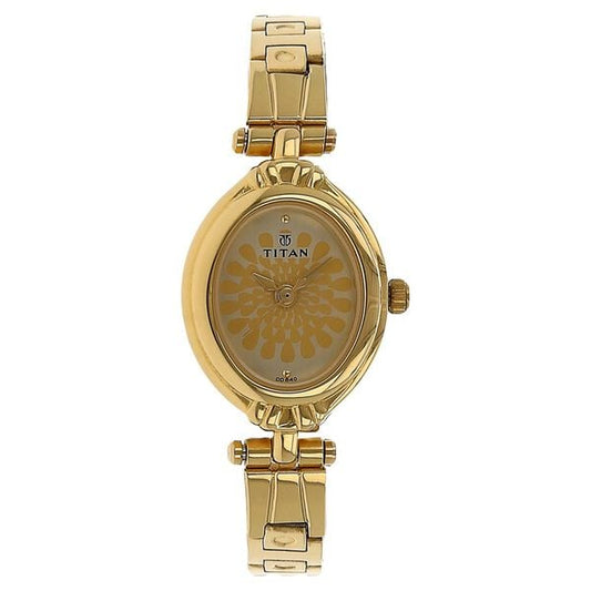 Titan 2538YM01 Champagne Dial Analog Watch for Women – Golden Stainless Steel Strap, Quartz Movement