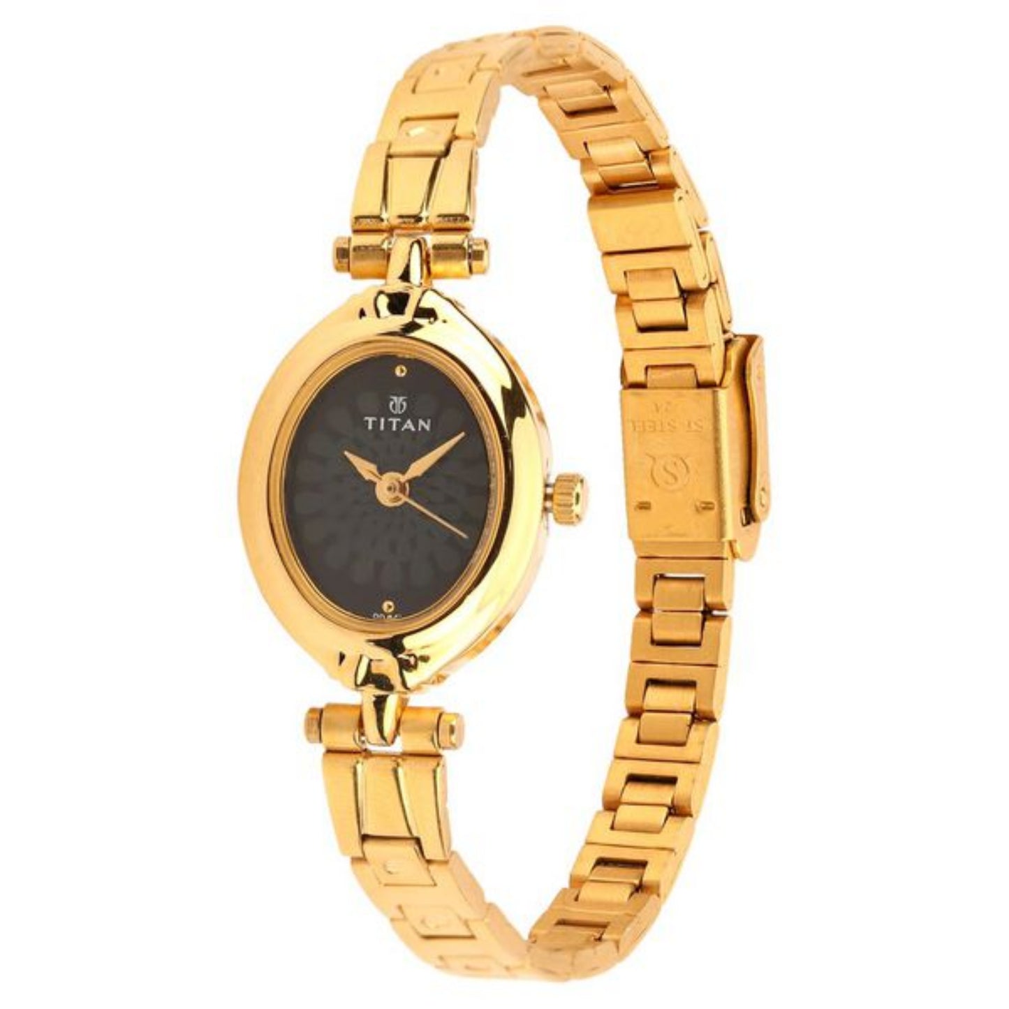 Titan 2538YM02 Karishma Women's Black Dial Analog Watch with Golden Stainless Steel Strap