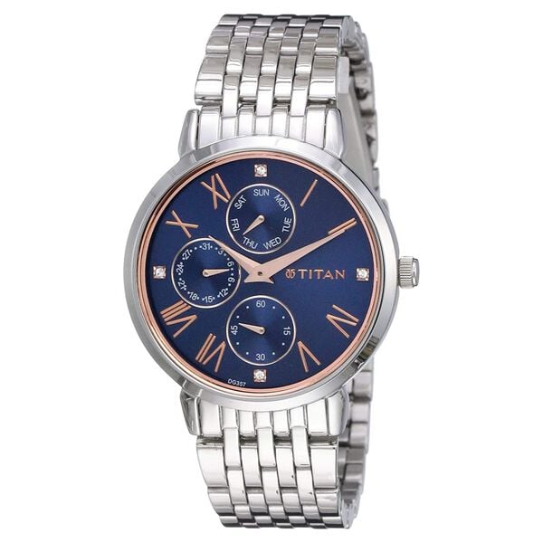 Titan 2569SM01 Women’s Blue-Dial Multifunction Stainless Steel Watch