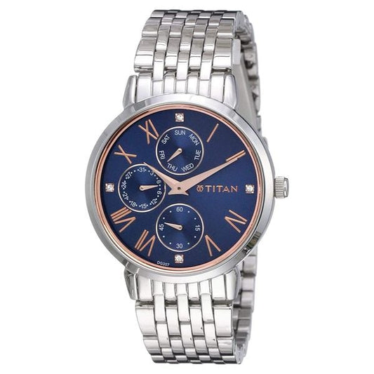Titan 2569SM01 Women’s Blue-Dial Multifunction Stainless Steel Watch