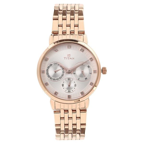 Titan 2569WM02 Beige Dial Analog Quartz Stainless Steel Women’s Watch – Rose Gold Band, Round Case, Multifunction