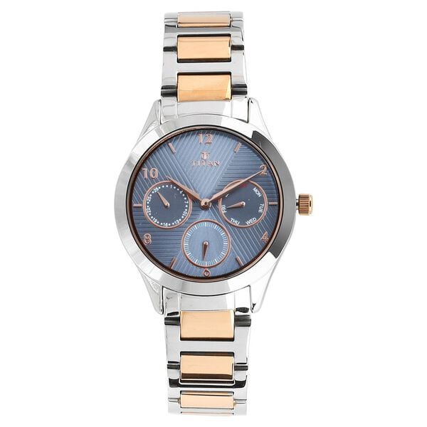Titan 2570KM02 Women’s Analog Quartz Multifunction Watch — Blue Dial & Two-Tone Metal Strap