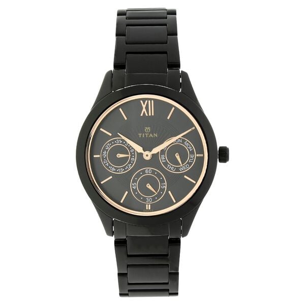 Titan 2570NM01 Black Dial Analog Quartz Stainless Steel Women’s Watch – Black Band, Round Case, Day & Date Display