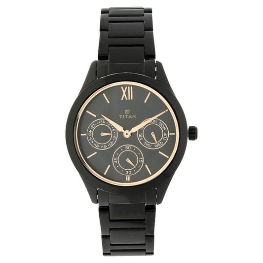Titan 2570NM01 Black Dial Analog Quartz Stainless Steel Women’s Watch – Black Band, Round Case, Day & Date Display