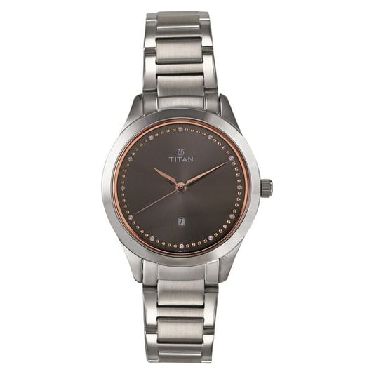Titan 2570SM07 Anthracite Dial Analog Watch for Women – Silver Stainless Steel Bracelet, Quartz Movement, Mineral Glass, Round Metal Case