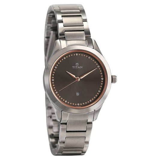 Titan 2570SM07 Women’s Anthracite-Dial Analog Watch with Silver Stainless-Steel Strap