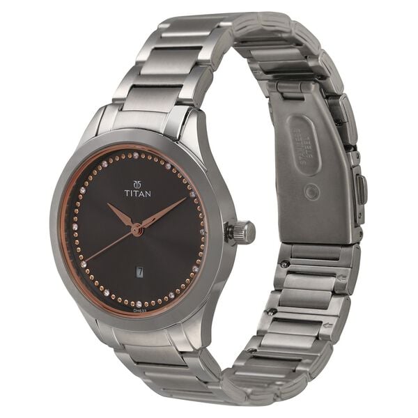 Titan 2570SM07 Anthracite Dial Analog Watch for Women – Silver Stainless Steel Bracelet, Quartz Movement, Mineral Glass, Round Metal Case