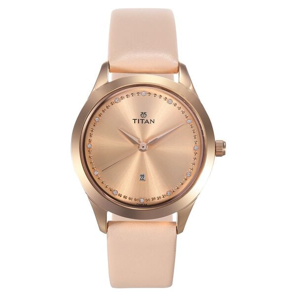 Titan 2570WL01 Women’s Pink-Dial Analog Watch with Leather Strap
