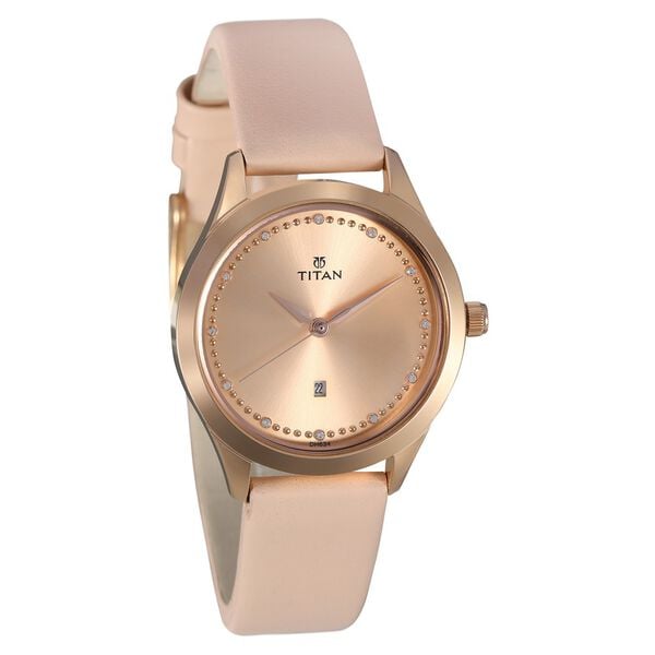 Titan 2570WL01 Women’s Pink-Dial Analog Watch with Leather Strap