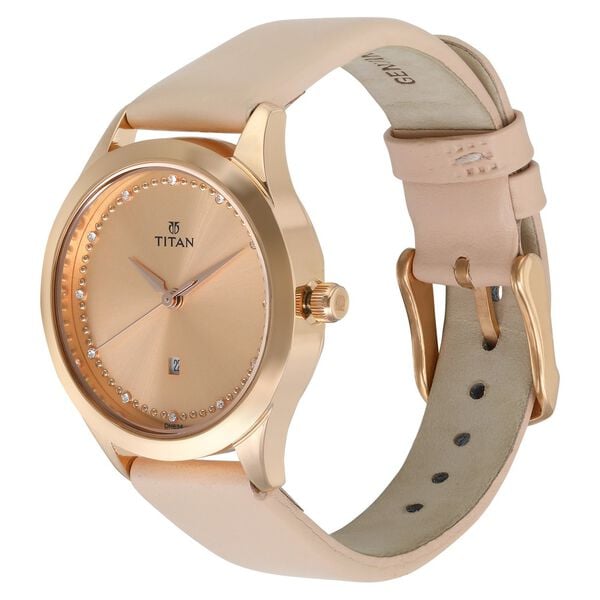Titan 2570WL01 Women’s Pink-Dial Analog Watch with Leather Strap