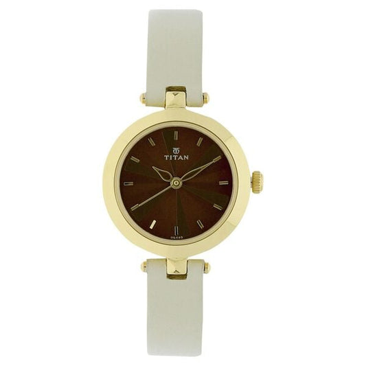 Titan 2574YL01 Brown Dial Analog Watch for Women – Off-White Leather Strap, Quartz Movement