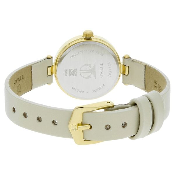Titan 2574YL01 Brown Dial Analog Watch for Women – Off-White Leather Strap, Quartz Movement