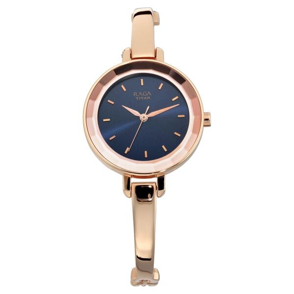 Titan 2575WM02 Women’s Blue-Dial Analog Watch with Rose-Gold Metal Strap