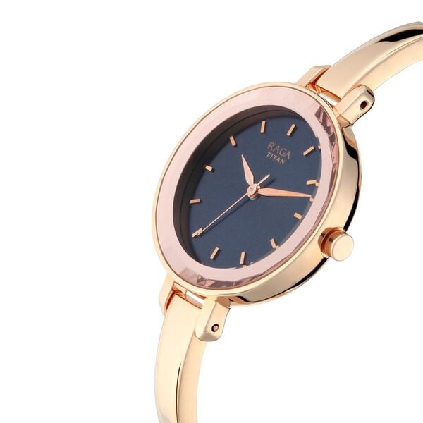 Titan 2575WM02 Women’s Blue-Dial Analog Watch with Rose-Gold Metal Strap