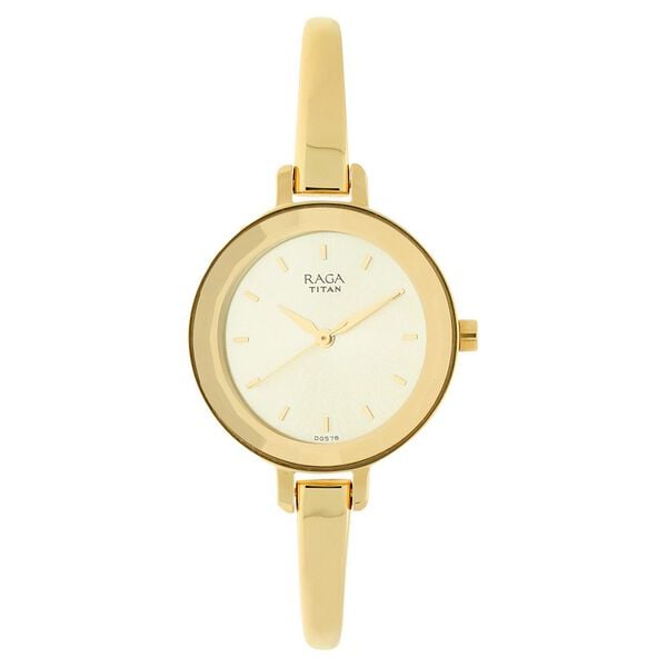 Titan 2575YM01 Champagne Dial Analog Watch for Women – Golden Stainless Steel Bracelet, Quartz Movement, Mineral Glass, Round Metal Case