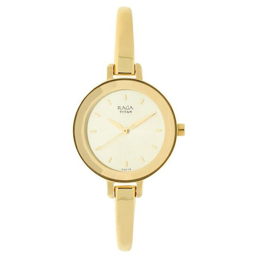 Titan 2575YM01 Champagne Dial Analog Watch for Women – Golden Stainless Steel Bracelet, Quartz Movement, Mineral Glass, Round Metal Case