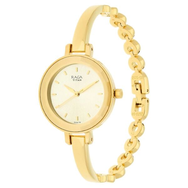 Titan 2575YM01 Champagne Dial Analog Watch for Women – Golden Stainless Steel Bracelet, Quartz Movement, Mineral Glass, Round Metal Case