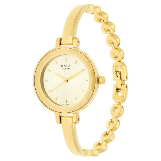 Titan 2575YM01 Champagne Dial Analog Watch for Women – Golden Stainless Steel Bracelet, Quartz Movement, Mineral Glass, Round Metal Case