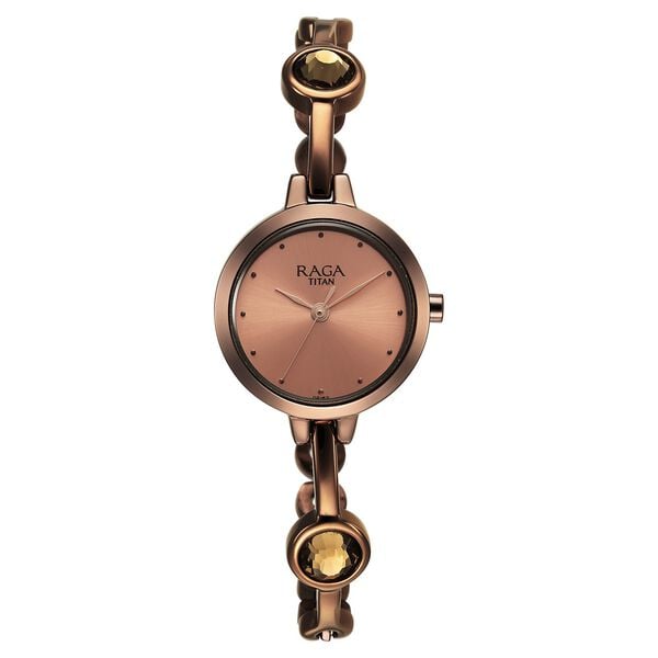 Titan 2576QM01 Women’s Rose-Gold Dial Analog Watch with Brown Metal Strap