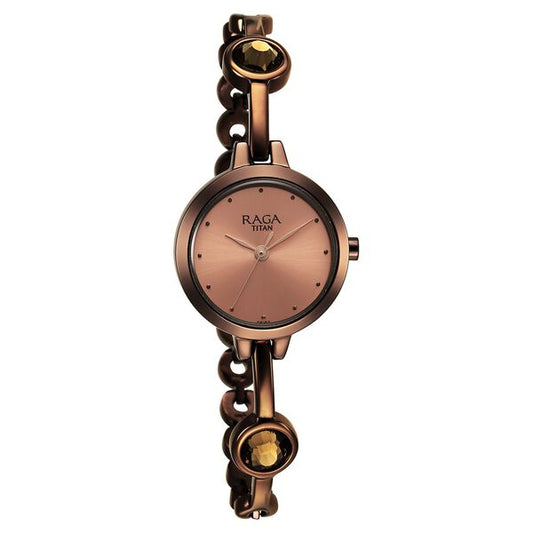 Titan 2576QM01 Women’s Rose-Gold Dial Analog Watch with Brown Metal Strap