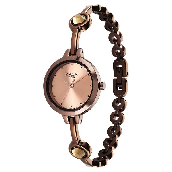 Titan 2576QM01 Women’s Rose-Gold Dial Analog Watch with Brown Metal Strap