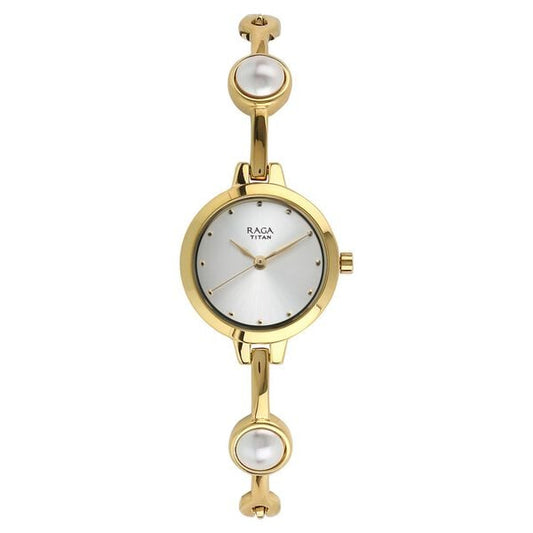 Titan 2576YM01  Women’s White-Dial Analog Watch with Gold Metal Strap